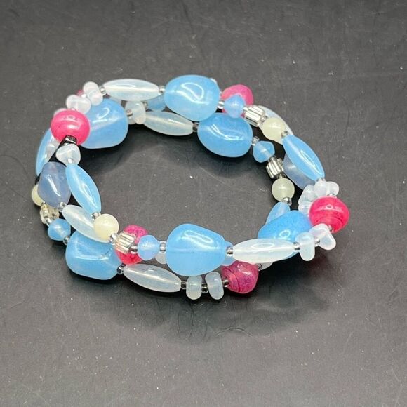 Baby Blue & Pink Chunky Beaded Statement Bracelet Gender Reveal Double Strand - Picture 1 of 6